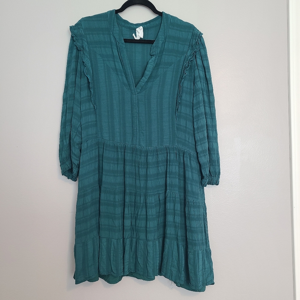 Anthropologie Subtle Stripe Ruffle Long Sleeve V-neck Dress with Pockets XL